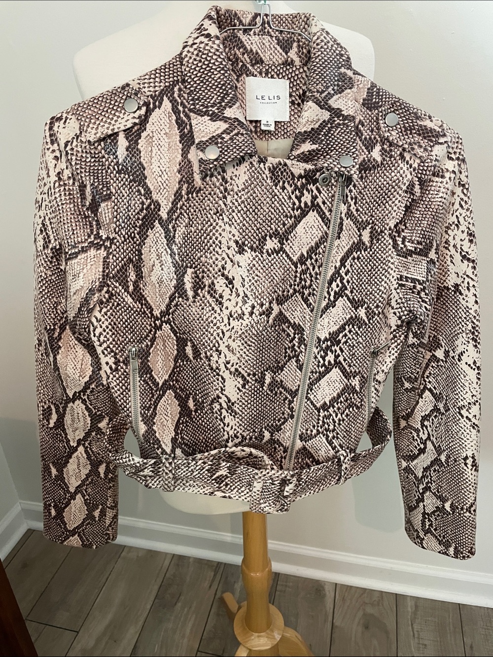Le Lis Women’s Snake Print Biker Jacket in Brown and Cream